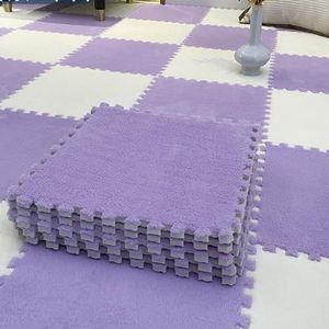 Zeyeo 50 Stuks 12 Inch Pluche In Elkaar Grijpende Zachte Schuimpuzzel Tapijtvierkanten - Tegels Voor De Woonkamer(Light Purple+beige)