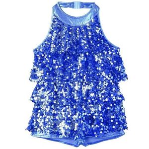 NUOYIXUAN Modern Latijns-danskostuum voor meisjes, korte jurk met glanzende pailletten, podiumoutfit (koningsblauw, 16)