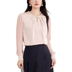 ROUZIHU Ronde hals kralen chiffon shirt professionele blouse gerimpelde lange mouwen dames losse shirt(Pink,XXL)