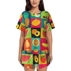 YQxwJL Art Stijl Fruit Print Vrouwen Pyjama Sets Shorts Korte Mouw Lounge Sets Nachtkleding Casual Pjs Met Zakken, Zwart, 4XL