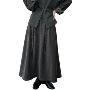 QUYBSGWJ Dames Rok Met KNOPEN Achter, Elastische Taille, Plissé, Warme Swing, Lange Wol Met Geweven Riem,Grijs,L