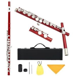 Fluit 16 Gesloten Gaten Fluit C Sleutel Cupronickel Concert Fluit Dwarsfluit Houtblazers Instrument Met E Key Case Accessoires(Red)