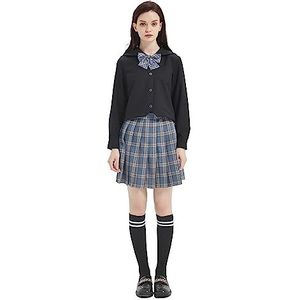 Jk-Uniformset Voor Meisjes Japans Schooluniform Hoge Taille Korte Geruite Plooirok Zwart Overhemd Met Kuitsokken,38