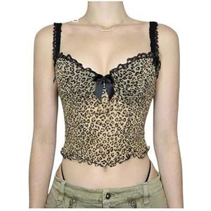 Leopard Shirt Women Vintage Leopard Print Crop Top Contrast Color Bow Lace Patchwork Night Party Club Wear Corset-Multi-S
