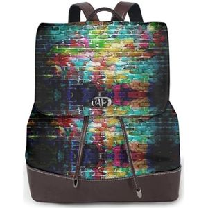 OdDdot Kleurrijke Brick Wall Print Lederen Rugzak Laptop Boekentas Voor Vrouwen Mannen, Boekentas Weekend Dagrugzak, Voor Reizen Werk, Zwart, Eén maat