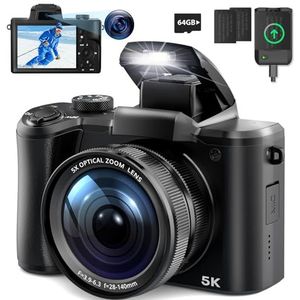 Digitale camera, FHD 5K-camera's voor fotografie en video, 64MP touchscreen autofocus Vlogging Camera voor YouTube met 5x optische zoom, Flash, 64 GB SD-kaart