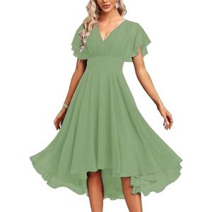 Chiffon bruidsmeisjesjurken voor dames, korte avondjurken, cocktailjurken, grote maten, Stoffige Salie, 32