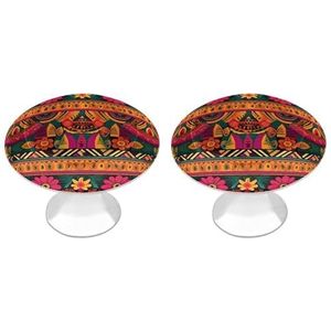 YKUDBN Klassieke roestvrijstalen ladehandgrepen, Mexicaanse volkskunst, boho-print, 2-pack, eenvoudig te installeren, ronde trekkers voor keukenkasten en meubels