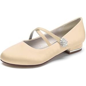 Womens Platte Bruids Schoenen Gesloten Teen Ballet Pumps Satijn Strass Kruis Strappy Party Trouwschoenen,Champagne,36 EU