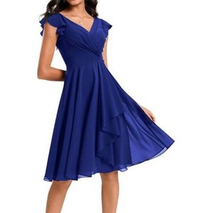 Korte bruidsmeisjesjurk voor dames, chiffon, V-hals, cocktailjurk, zakken, koningsblauw, 32
