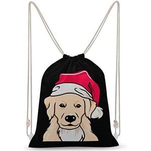 Santa Golden Retriever Trekkoord Rugzak String Bag Sackpack Canvas Sport Dagrugzak voor Reizen Gym Winkelen