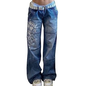 Vrouwen Lage Taille Wijde Pijpen Jeans Vintage Print Baggy Broek Y2k Verontruste Rechte Denim Broek Slim Flare Jean e Meisje Streetwear (Color : Blue, Size : L)