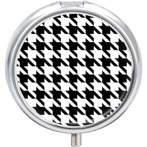 Pied-de-poule zwarte pillendoos 3 compartimenten reispillenorganisator 3 keer per dag schattige mini-pillenetui voor portemonnee en zak draagbare metalen medicijndoos met spiegel ronde dagelijkse