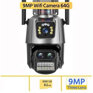 Bewakingscamera, 4K 9MP IP Camera Outdoor 8X Zoom HD Drie Lens Dual Screen PTZ Camera Auto Tracking Video surveillance CCTV Cam P2P(9MP WIFI 4K 64G Card)
