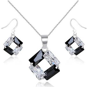 Crystalline Azuria Zwarte en Witte Zirkonia Kristallen Ruit Set Hanger Ketting 45 cm Bengelen Oorbellen 18 kt Witgoud Verguld