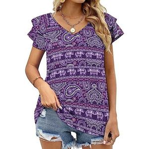 Olifant Paars Paisley Dames Casual Tuniek Tops Ruches Korte Mouw T-shirts V-hals Blouse Tee