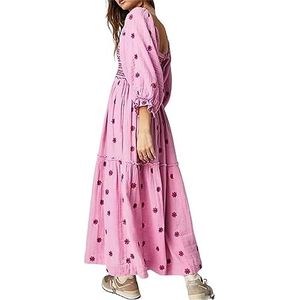 Maxi-jurk voor dames, herfstbloem, geborduurde maxi-jurk, vierkante hals, lantaarnmouwen, ruches, Boheemse swing, A-lijn, lange jurk, roze, L