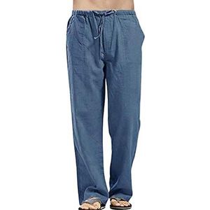 SINGOing Casual linnen broek heren katoenen broek effen harembroek baggy vrijetijdsbroek ademende zomerbroek losse strandbroek lichte lange broek, blauw, 5XL