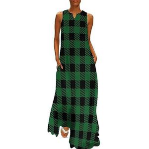 Groen-zwart buffelplaid dames enkellengte jurk slim fit mouwloze maxi-jurken casual zonnejurk M
