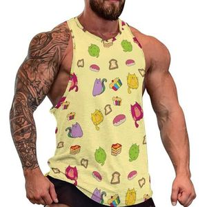 Leuke kat taart en regenboog mannen tank top grafische mouwloze bodybuilding T-shirts casual strand T-shirt grappige sportschool spier
