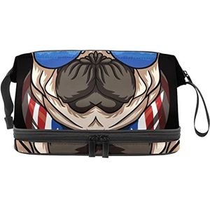 Multifunctionele opslag reizen cosmetische tas met handvat, grote capaciteit reizen cosmetische tas, koele mopshond met bril VS vlag schroot, Meerkleurig, 27x15x14 cm/10.6x5.9x5.5 in