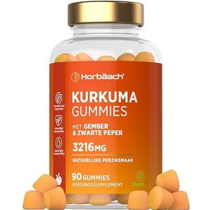 Kurkuma Gummies met Gember en Zwarte Peper | 3216 mg | 120 Veganistische Gummies | Perzik Smaak | Turmeric, Ginger & Black Pepper Gummies | van Horbaach