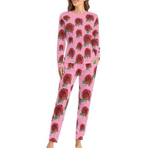 Rode roos bloem zachte dames pyjama lange mouw warme pasvorm pyjama loungewear sets met zakken L