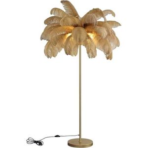 ANram Vloerlamp, natuurlijke struisvogelveer staande lamp met gouden afwerking, veren lampen voor woonkamer slaapkamers met voetschakelaar dimbaar, G4-LED-lamp Camel