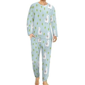 Llama Alpaca en cactus pyjamaset voor heren, loungewear met lange mouwen, bovendeel en onderkant, 2-delig