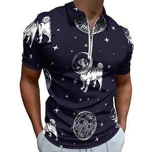 Pugs in Space Pizza And Stars poloshirt voor heren, casual T-shirts met ritssluiting en kraag, golftops, slim fit