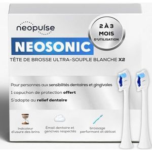 NEOPULSE® - Set van 2 witte nylon ultrazachte borstelkoppen voor NEOSONIC® Sonische Elektrische Tandenborstel - Compatibel met NEOKIDS - 3D: Korte en lange borstelharen - Slijtage-indicator