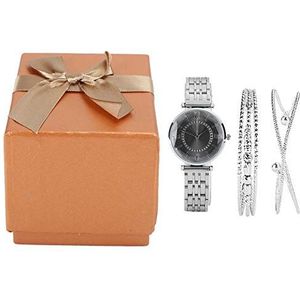 Anti-allergie dameshorloge set, 2 stuks armband mode-sieraden cadeau nauwkeurige timing horloge armband set, voor de meeste vrouwen(Silver with black face)