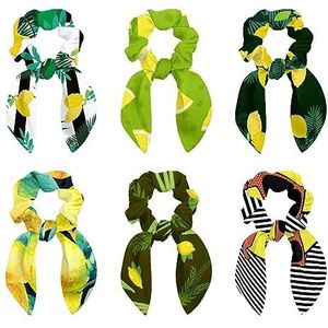 6 stuks haarscrunchies - citroenpatroon groen haar sjaal scrunchy met lint strik, elastische haarbanden paardenstaart houders voor vrouwen tienermeisjes