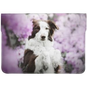 Bruine Border Collie Lente Honden Met Bloemen, Lederen Laptop Sleeve, Notebook Tas Laptop Case Sleeve Tablet Aktetas