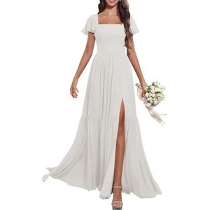 KURFACE Dames fladdermouwen V-hals chiffon bruidsmeisjesjurken met split geplooide lange avond formele feestjurk, Ivoor, 32