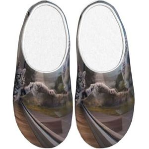 EdWal Kat en reflectie tijger dierenprint winter warme pantoffels indoor antislip pluche pantoffels ontspannen thuis voor vrouwen mannen, Zwart, 37.5 EU