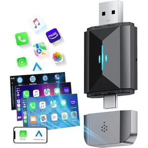 Volam 2-in-1 Carplay Draadloze Adapter, Android Auto Draadloze Adapter, Auto-Dongle verandert Kabelgebundenes om in Kabellose, für werkseitig kabelbare CarPlay-Autos ab 2016, Type C/USB,Plug&Play