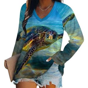 Sea Turtle dames casual T-shirts met lange mouwen V-hals bedrukte grafische blouses T-shirt tops XL