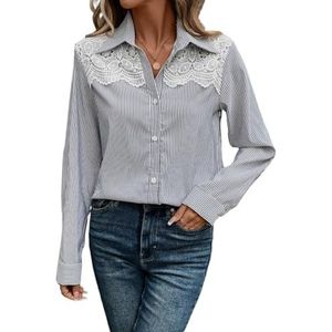 dames topjes Overhemd met gestreept guipurekant en inzetstuk (Color : Black and White, Size : M)