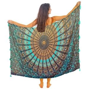 Mandala Life ART Blauwe sarong voor dames, pareo met franjes, hoogwaardig rayon/katoen, grote strandhanddoek, wikkelrok, strandrok, wandtapijt, wikkeldoek, bikini-bedekking, doek voor badpak, Black