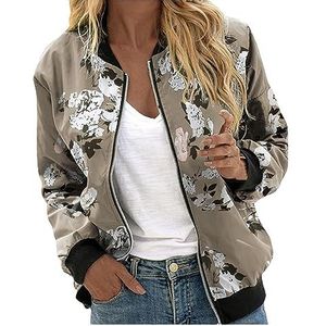 Dames Bomberjack, Dames Lichte Jas, Lichte Vliegjas, Blouson, Pilotenjas, Korte Jas, Damesjas, Herfstcollegejas, Lichte Zomerjas Met Rits (Color : Khaki, Size : S)