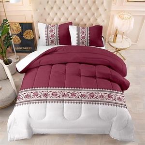 Wijnrood Dekbed Zonder Overtrek, Microvezel, Tweepersoons Wasbaar, Donsalternatief en Ademend Beddengoed, 2 Kussenslopen