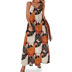 Kleurrijke kippen dames zomer maxi-jurk V-hals mouwloze spaghettiband lange jurk