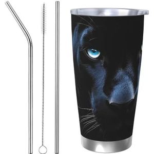 GDSHJKLW Panter met blauwe ogen beker met deksel en rietje 20 oz roestvrij staal lekvrije reizen koffiemok dubbelwandige geïsoleerde beker geschenken voor vrouwen thuiskantoor