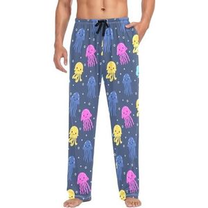 LI ZHI XIN Heren Pyjama Broek Lange Pyjama Bodem Lente Herfst Dunne Losse Stijl Elastische Taille Tie Strap Met Zak S-XXL Leuke Kwallen Patroon, Meerkleurig, S