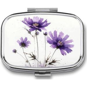 Pillendoos met spiegel 2 compartimenten handgetekende paarse bloemen pillenetui voor portemonnee zak wekelijkse pillenorganisator reizen medicijnkoffer draagbare pillenhouder voor dagelijks gebruik