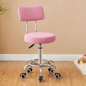 KUANGGE Ronde rolkruk, PU-lederen in hoogte verstelbare krukstoel met wielen en rugleuningen, draaibare zitting voor salon, massage, spa, thuiskeuken