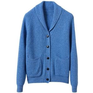 Dvbfufv Damesvest van merinowol, gebreide trui voor dames, herfst, winter, casual, warm, V-hals, lange mouwen, gebreide trui, Blauw, XL