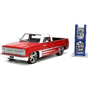 Just Trucks 1:24 1985 Chevy C10 Die-Cast Truck w/Tire Rack, Toys for Kids and Adults(Red/White)