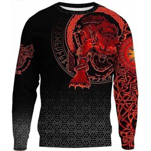 Noorse Mythologie Fenrir Wolf Sweatshirt - Nieuw Hip Hop 3D Print Tattoo Viking Heren Trui met Ronde Hals - Pagan Lange Mouw Feest Evenement Cosplay Kostuum (Color : Red, Size : 3XL)